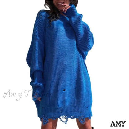 Amy Fashion - Knitted Casual O Neck Long Sleeve Sweater 01 Blue / S