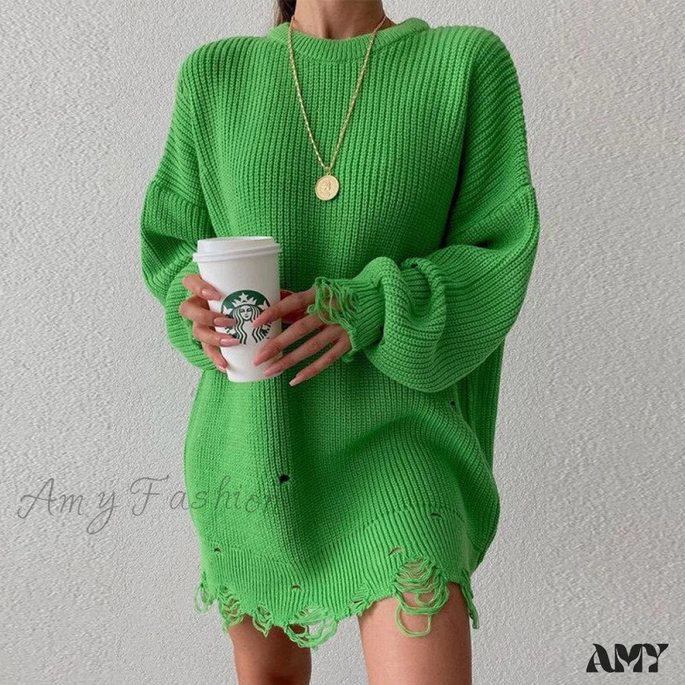 Amy Fashion - Knitted Casual O Neck Long Sleeve Sweater 01 Green / S