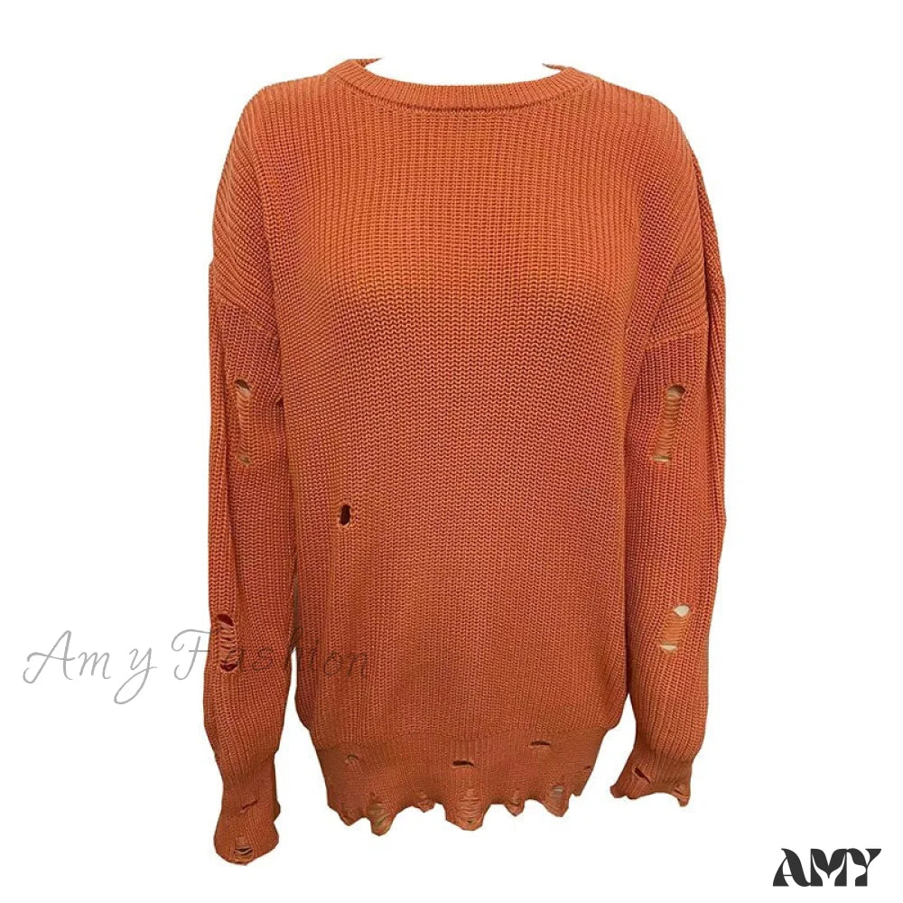 Amy Fashion - Knitted Casual O Neck Long Sleeve Sweater 01 Orange / S