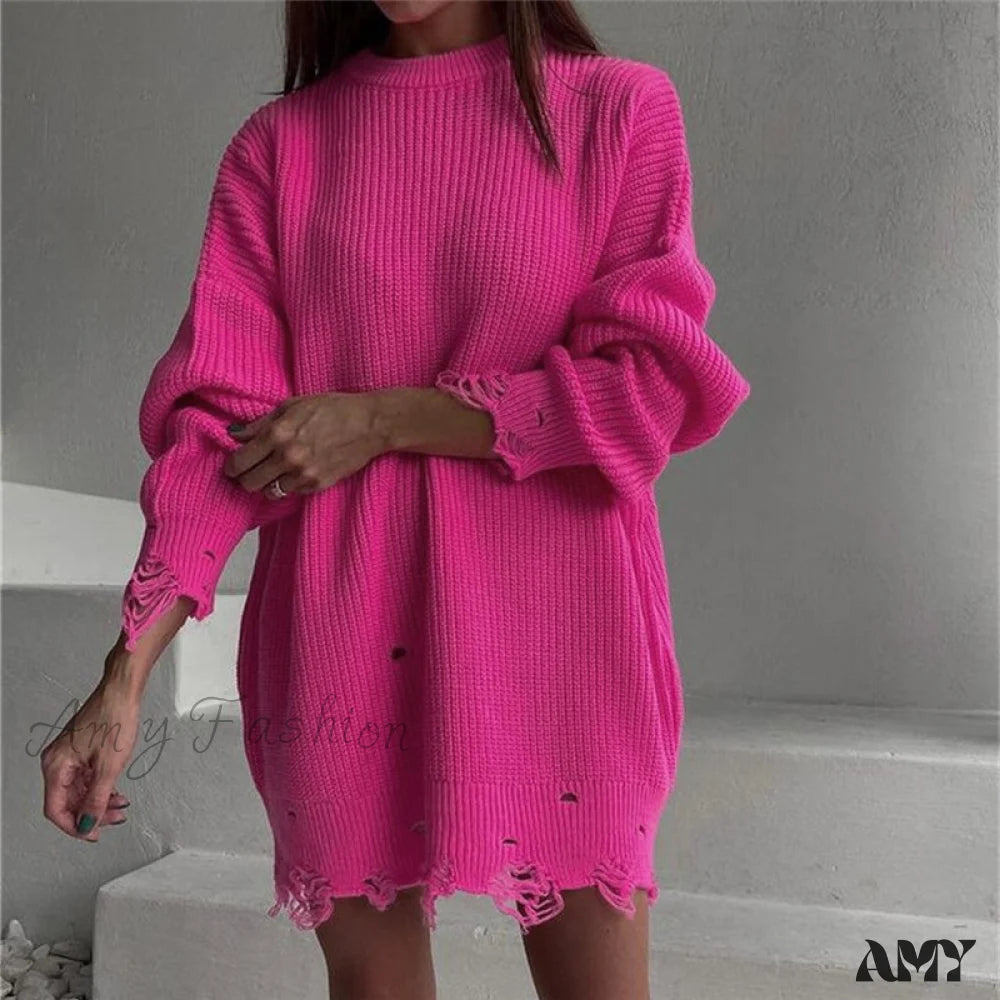 Amy Fashion - Knitted Casual O Neck Long Sleeve Sweater 01 Pink / S