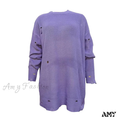 Amy Fashion - Knitted Casual O Neck Long Sleeve Sweater 01 Purple / S