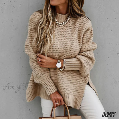 Amy Fashion - Knitted Casual O Neck Long Sleeve Sweater 02 Apricot / S