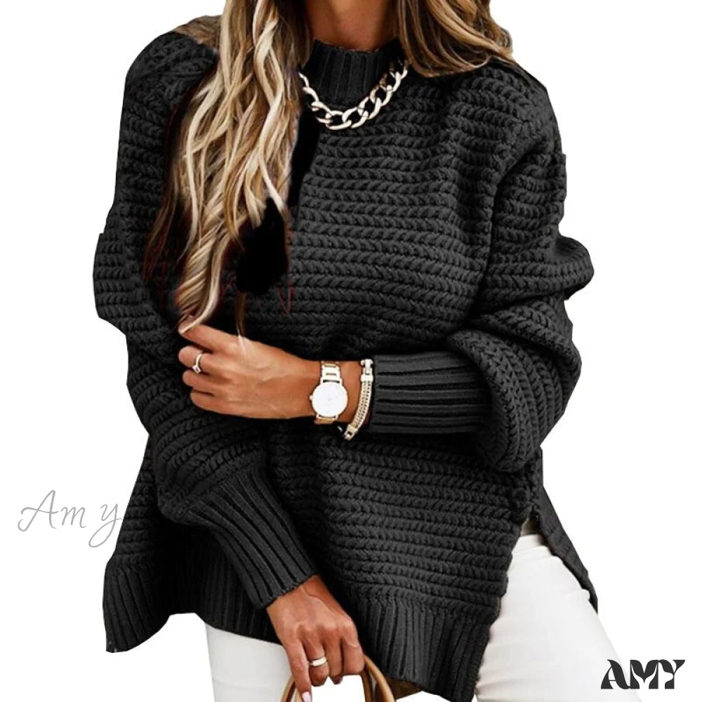 Amy Fashion - Knitted Casual O Neck Long Sleeve Sweater 02 Black / S