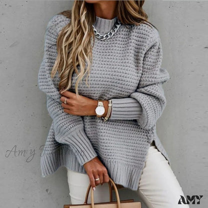 Amy Fashion - Knitted Casual O Neck Long Sleeve Sweater 02 Gray / S