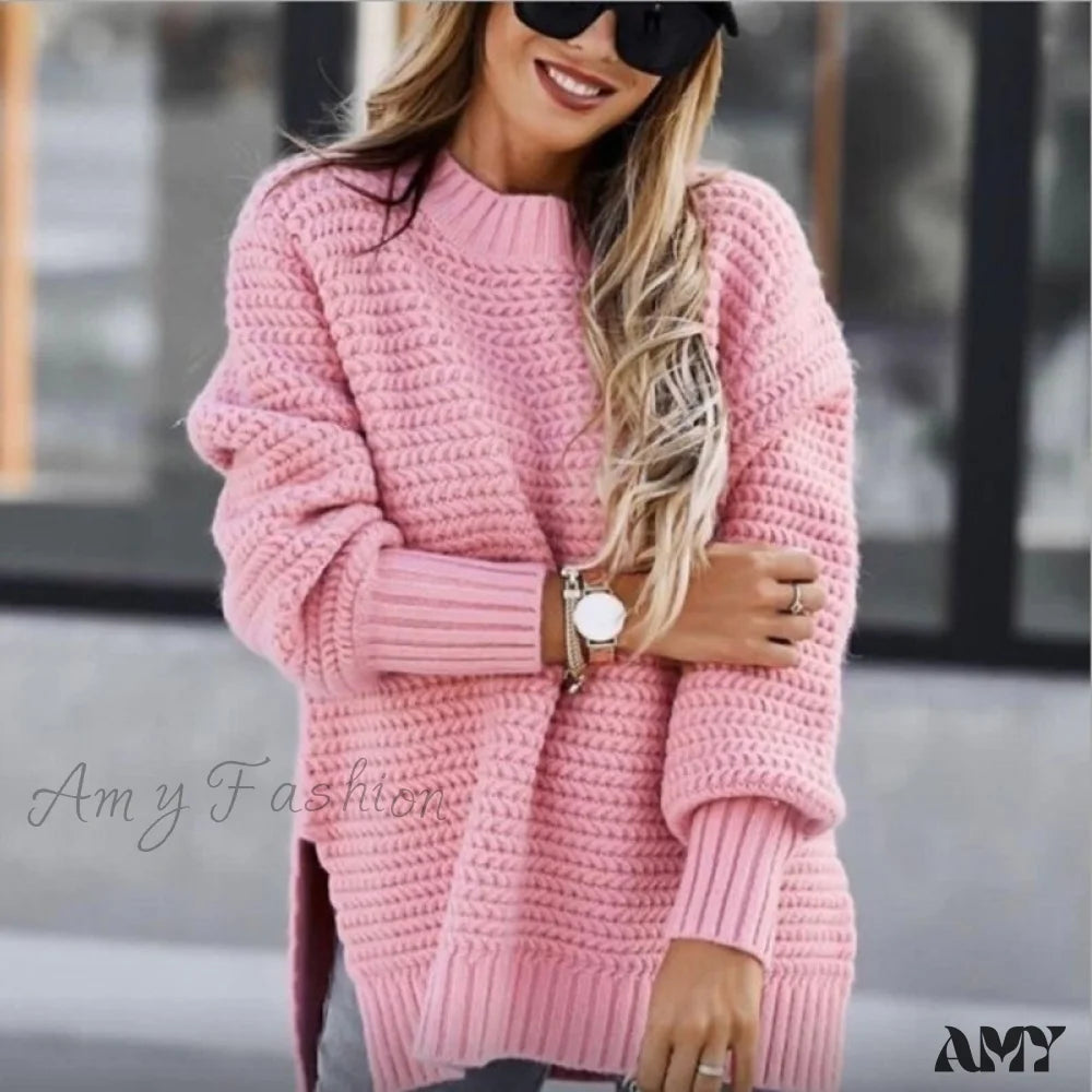 Amy Fashion - Knitted Casual O Neck Long Sleeve Sweater 02 Pink / S