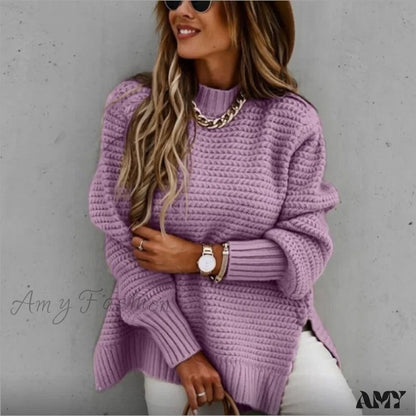 Amy Fashion - Knitted Casual O Neck Long Sleeve Sweater 02 Purple / S