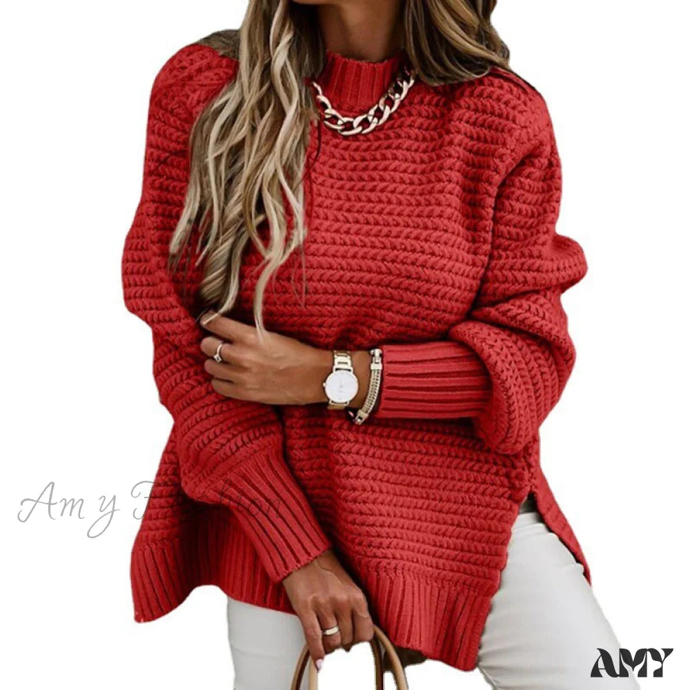 Amy Fashion - Knitted Casual O Neck Long Sleeve Sweater 02 Red / S