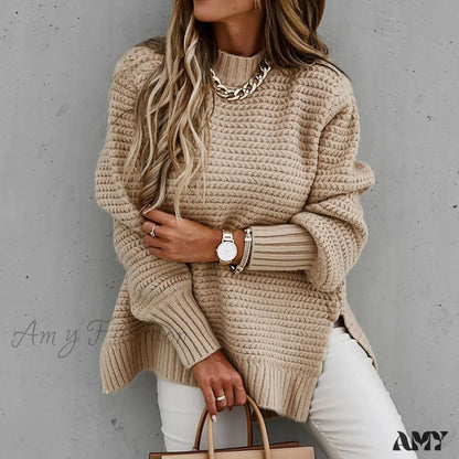 Amy Fashion - Knitted Casual O Neck Long Sleeve Sweater