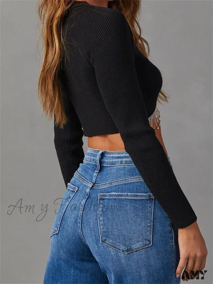 Amy Fashion - Knitted Grunge Round Neck Long Sleeve Slim Fit T-Shirts