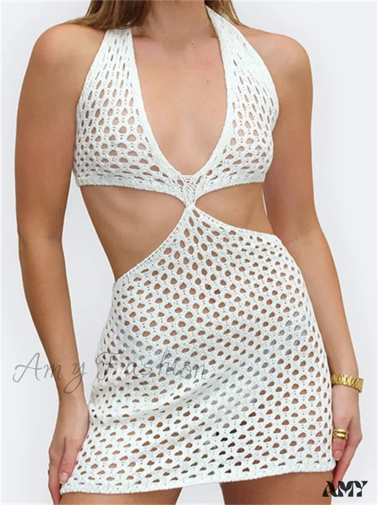 Amy Fashion - Knitted Halter Hollow Out Summer Sexy Lace Up Mini Dress