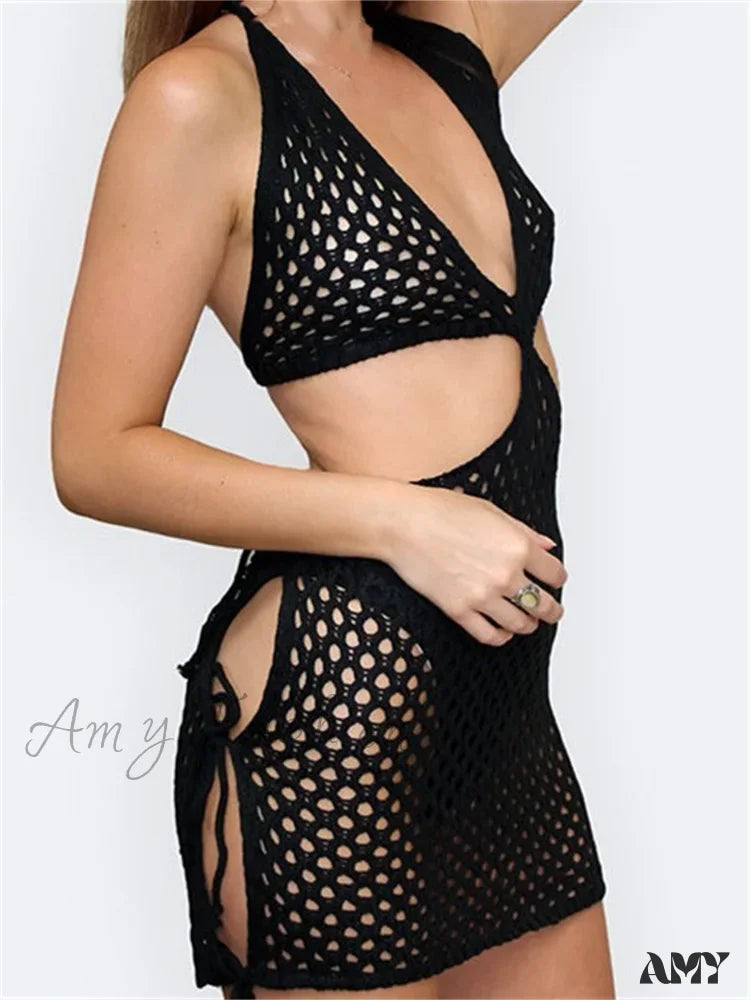 Amy Fashion - Knitted Halter Hollow Out Summer Sexy Lace Up Mini Dress