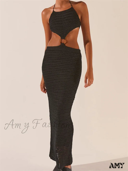 Amy Fashion - Knitted Halter Tie-Up Backless Beach Clubwear Women Off Shoulder Hollow Out Slim High