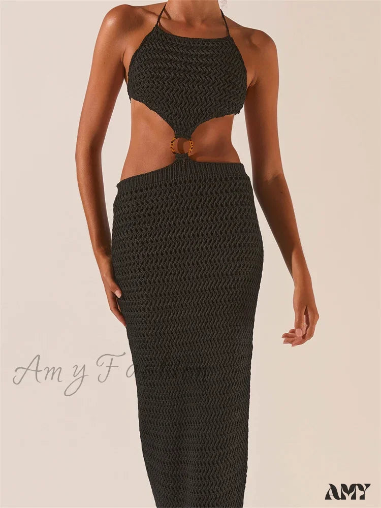 Amy Fashion - Knitted Halter Tie-Up Backless Beach Clubwear Women Off Shoulder Hollow Out Slim High