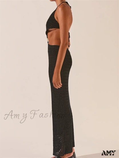 Amy Fashion - Knitted Halter Tie-Up Backless Beach Clubwear Women Off Shoulder Hollow Out Slim High