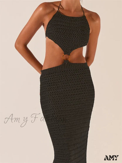 Amy Fashion - Knitted Halter Tie-Up Backless Beach Clubwear Women Off Shoulder Hollow Out Slim High