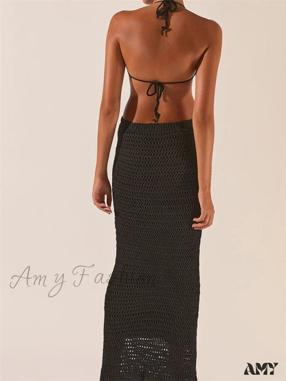 Amy Fashion - Knitted Halter Tie-Up Backless Beach Clubwear Women Off Shoulder Hollow Out Slim High