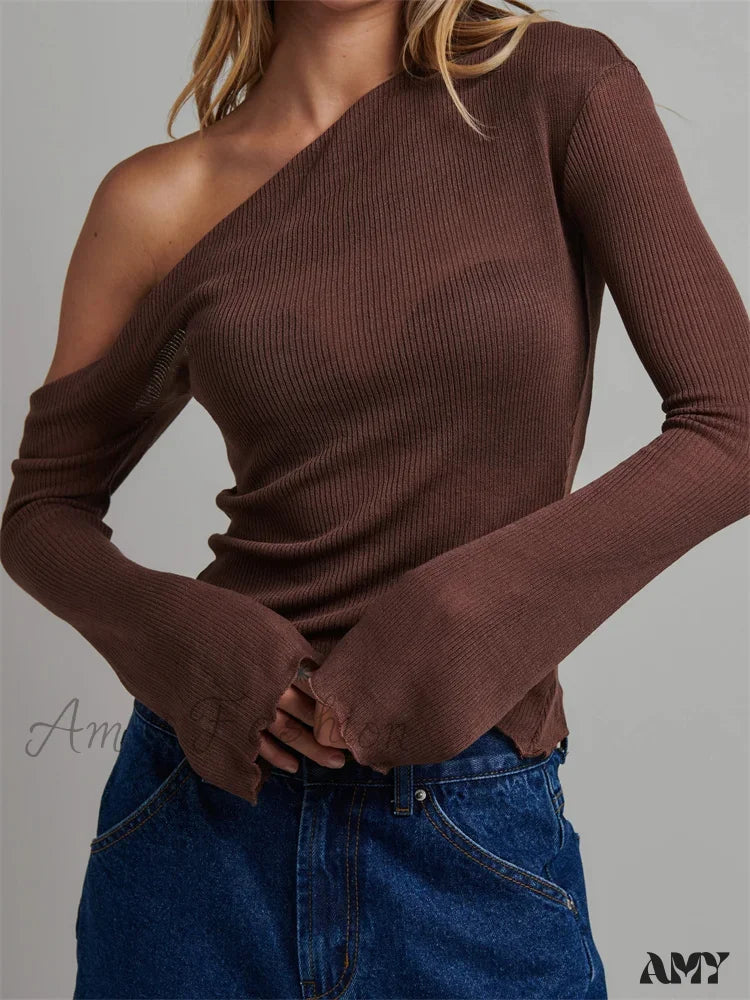 Amy Fashion - Knitted Long Flare Sleeve Solid Slim Fit T-Shirts Off Shoulder Brown / S