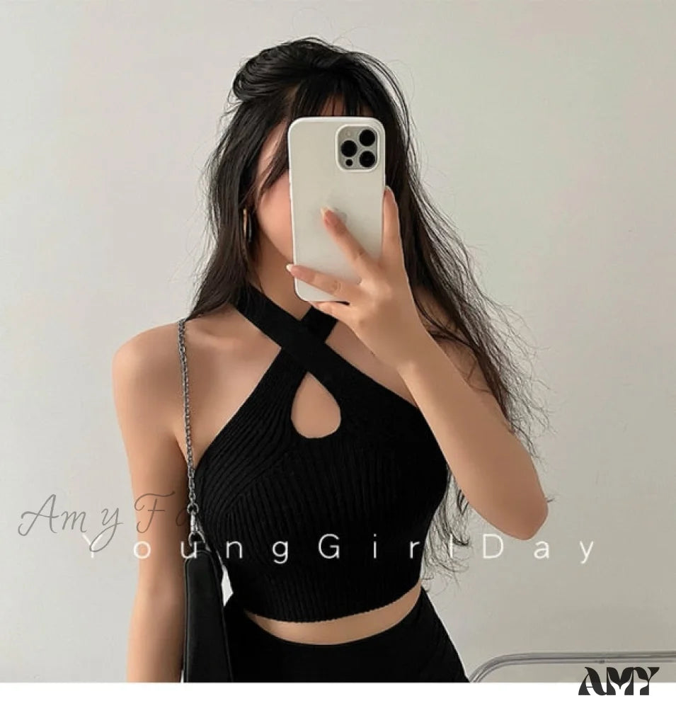 Amy Fashion - Knitted Off Shoulder Cross Strappy Sexy Tank Tops Black / One Size