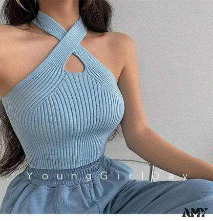 Amy Fashion - Knitted Off Shoulder Cross Strappy Sexy Tank Tops Blue / One Size