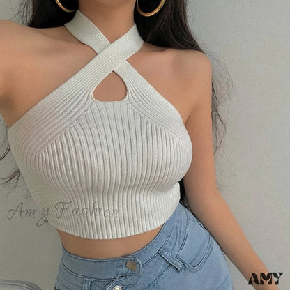 Amy Fashion - Knitted Off Shoulder Cross Strappy Sexy Tank Tops White / One Size