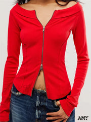 Amy Fashion - Knitted Patchwork Solid Color Long Sleeve Double Zip Up T-Shirts Red / S