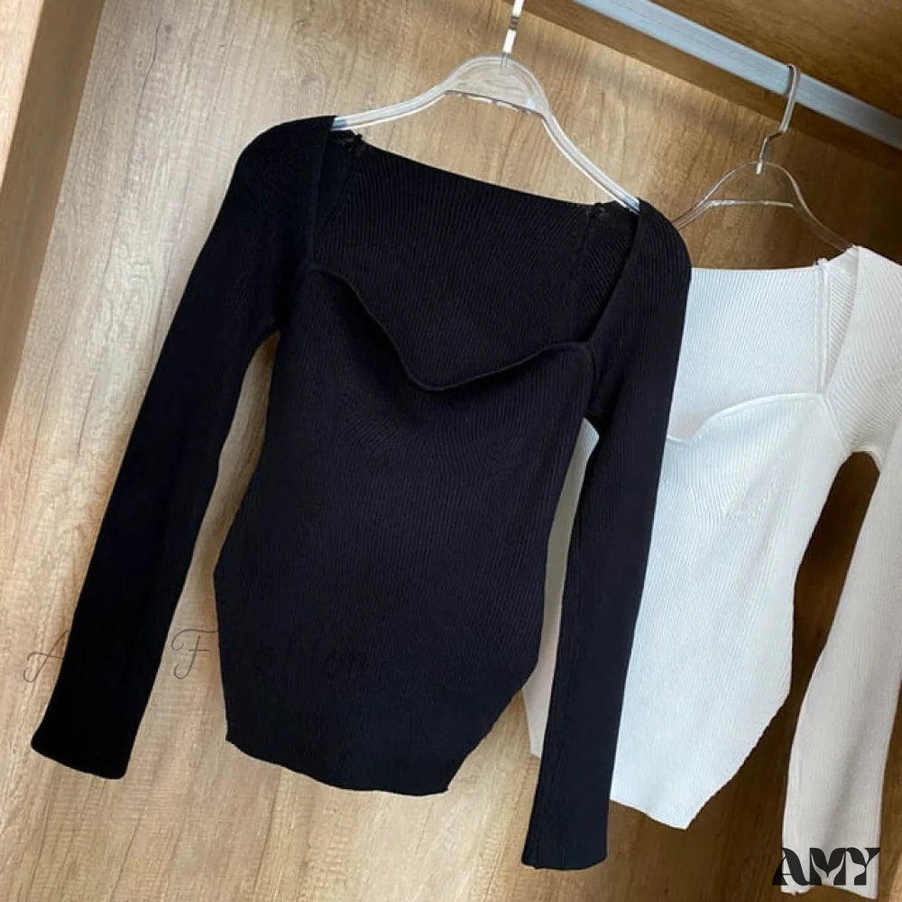 Amy Fashion - Knitted Pullover Sweater Top Black / One Size