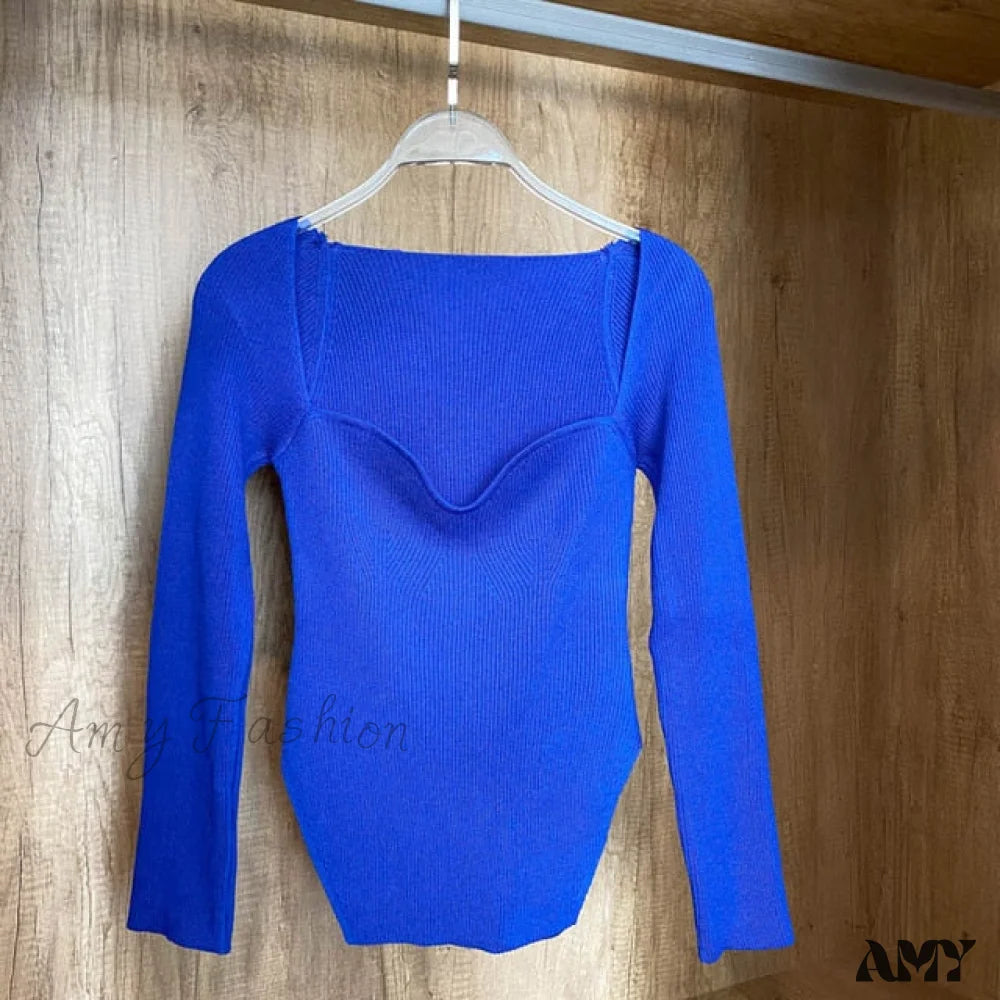 Amy Fashion - Knitted Pullover Sweater Top Blue / One Size