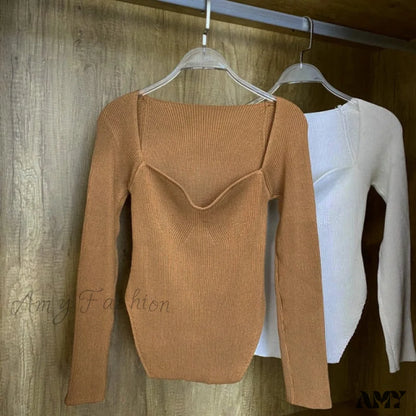 Amy Fashion - Knitted Pullover Sweater Top Brown / One Size