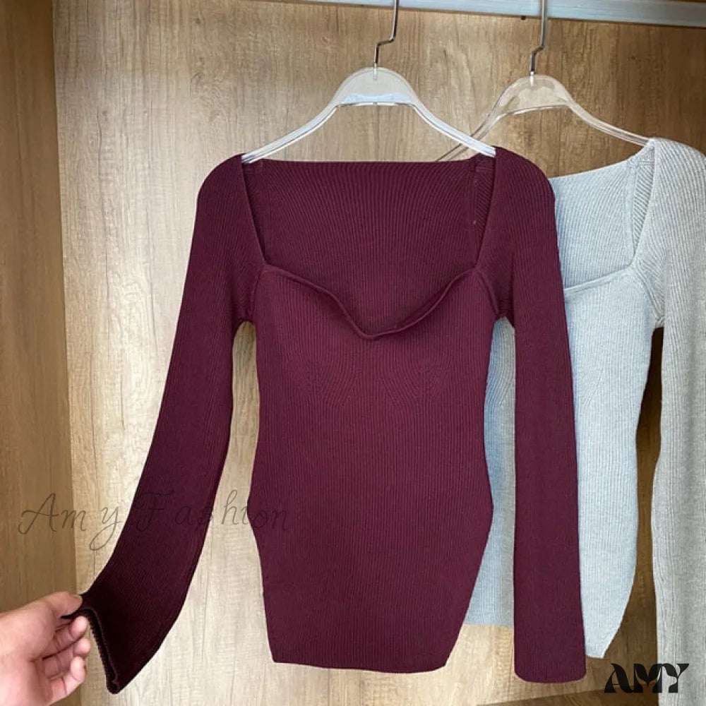 Amy Fashion - Knitted Pullover Sweater Top Burgundy / One Size