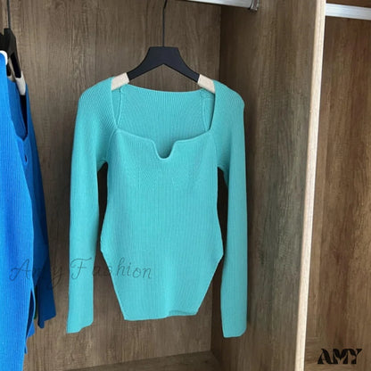 Amy Fashion - Knitted Pullover Sweater Top Cyan / One Size