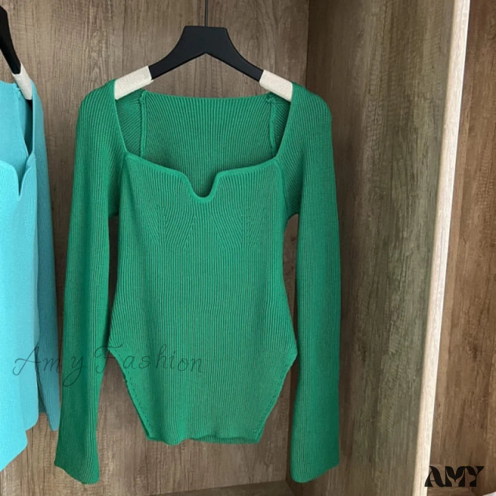 Amy Fashion - Knitted Pullover Sweater Top Green / One Size