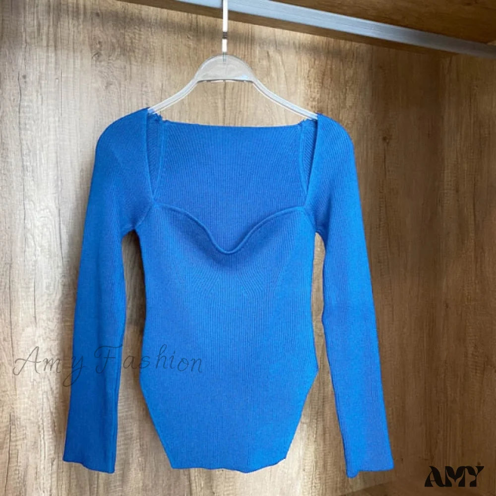 Amy Fashion - Knitted Pullover Sweater Top Lake Blue / One Size