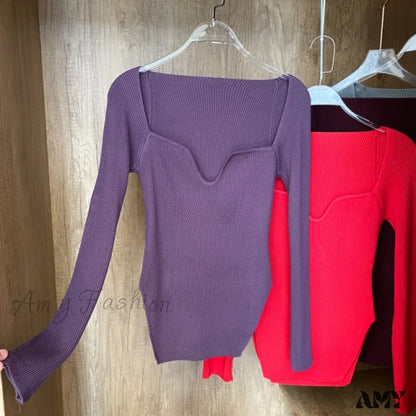 Amy Fashion - Knitted Pullover Sweater Top Purple / One Size