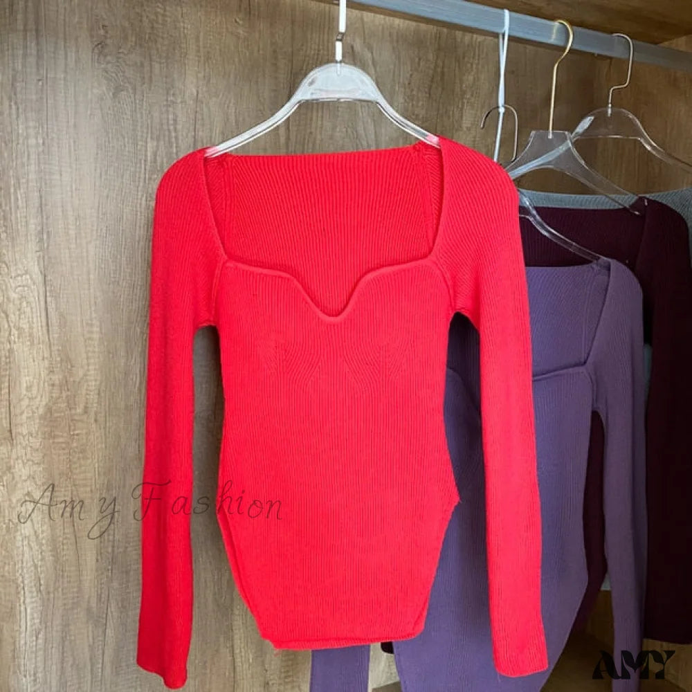 Amy Fashion - Knitted Pullover Sweater Top Red / One Size