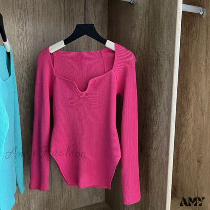 Amy Fashion - Knitted Pullover Sweater Top Rose Red / One Size