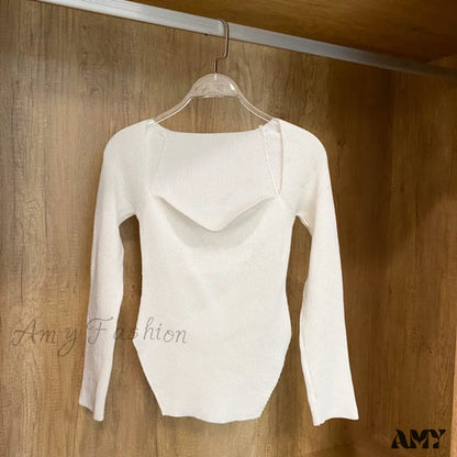 Amy Fashion - Knitted Pullover Sweater Top White / One Size