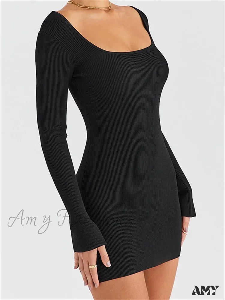 Amy Fashion - Knitted Ribbed Party Solid Long Sleeve Square Neck Mini Dress