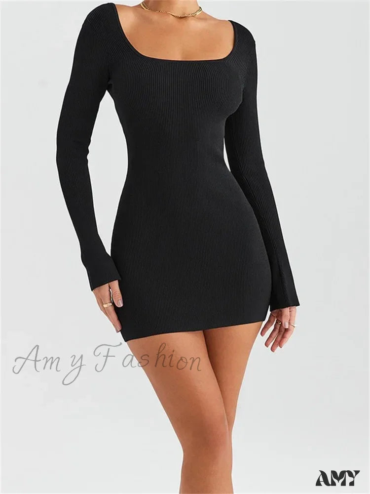 Amy Fashion - Knitted Ribbed Party Solid Long Sleeve Square Neck Mini Dress