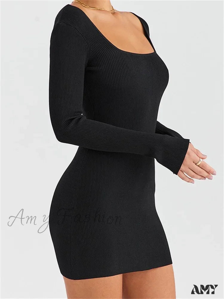 Amy Fashion - Knitted Ribbed Party Solid Long Sleeve Square Neck Mini Dress