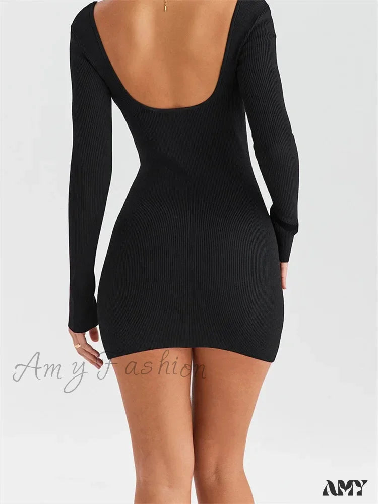 Amy Fashion - Knitted Ribbed Party Solid Long Sleeve Square Neck Mini Dress