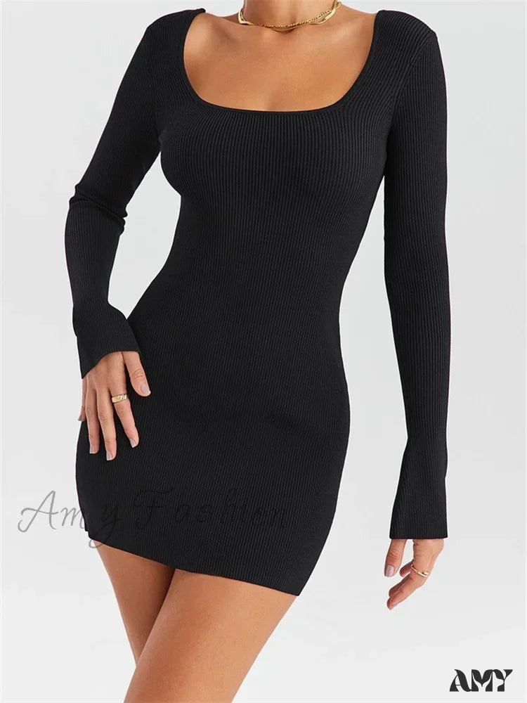 Amy Fashion - Knitted Ribbed Party Solid Long Sleeve Square Neck Mini Dress Black / S