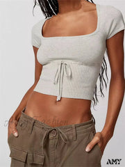 Amy Fashion - Knitted Ribbed Solid Color Short Sleeve Square Neck Drawstring T-Shirts