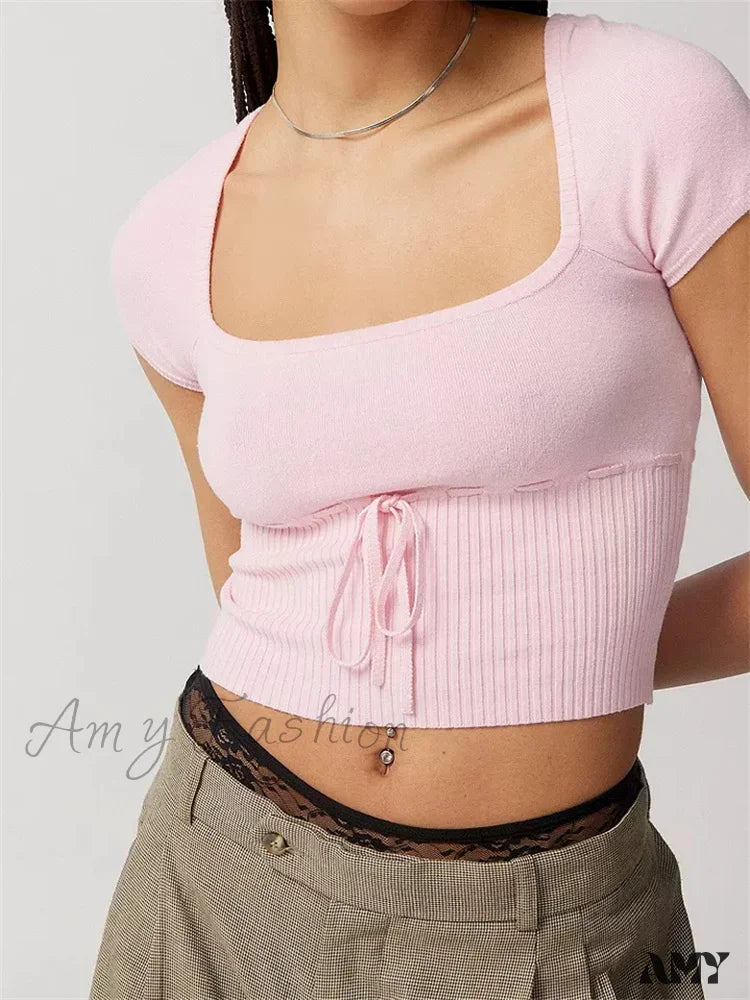 Amy Fashion - Knitted Ribbed Solid Color Short Sleeve Square Neck Drawstring T-Shirts