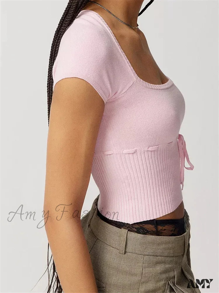 Amy Fashion - Knitted Ribbed Solid Color Short Sleeve Square Neck Drawstring T-Shirts