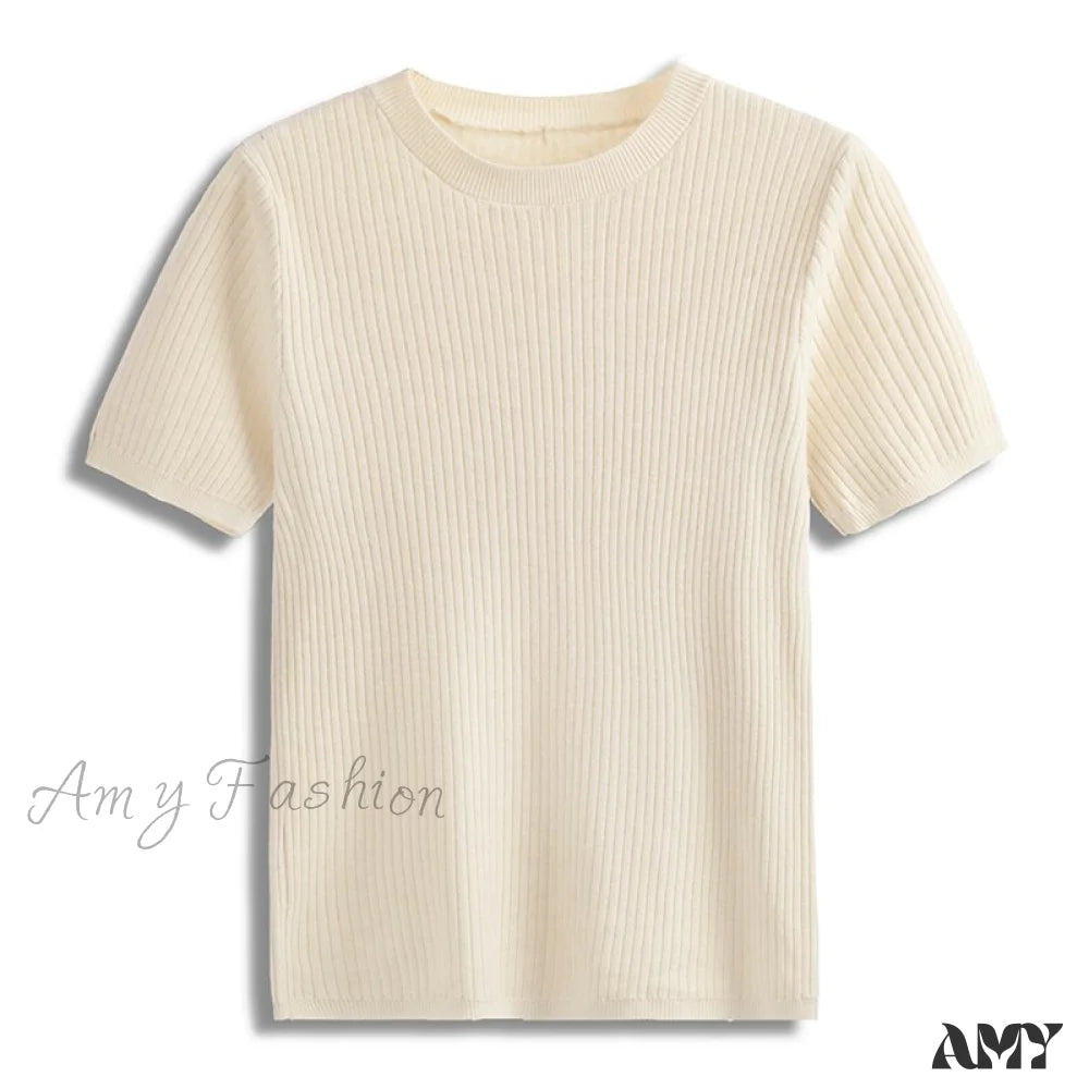 Amy Fashion - Knitted Short Sleeves Top Beige / One Size