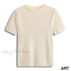 Amy Fashion - Knitted Short Sleeves Top Beige / One Size