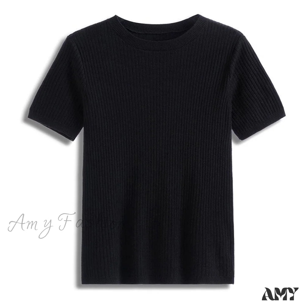 Amy Fashion - Knitted Short Sleeves Top Black / One Size