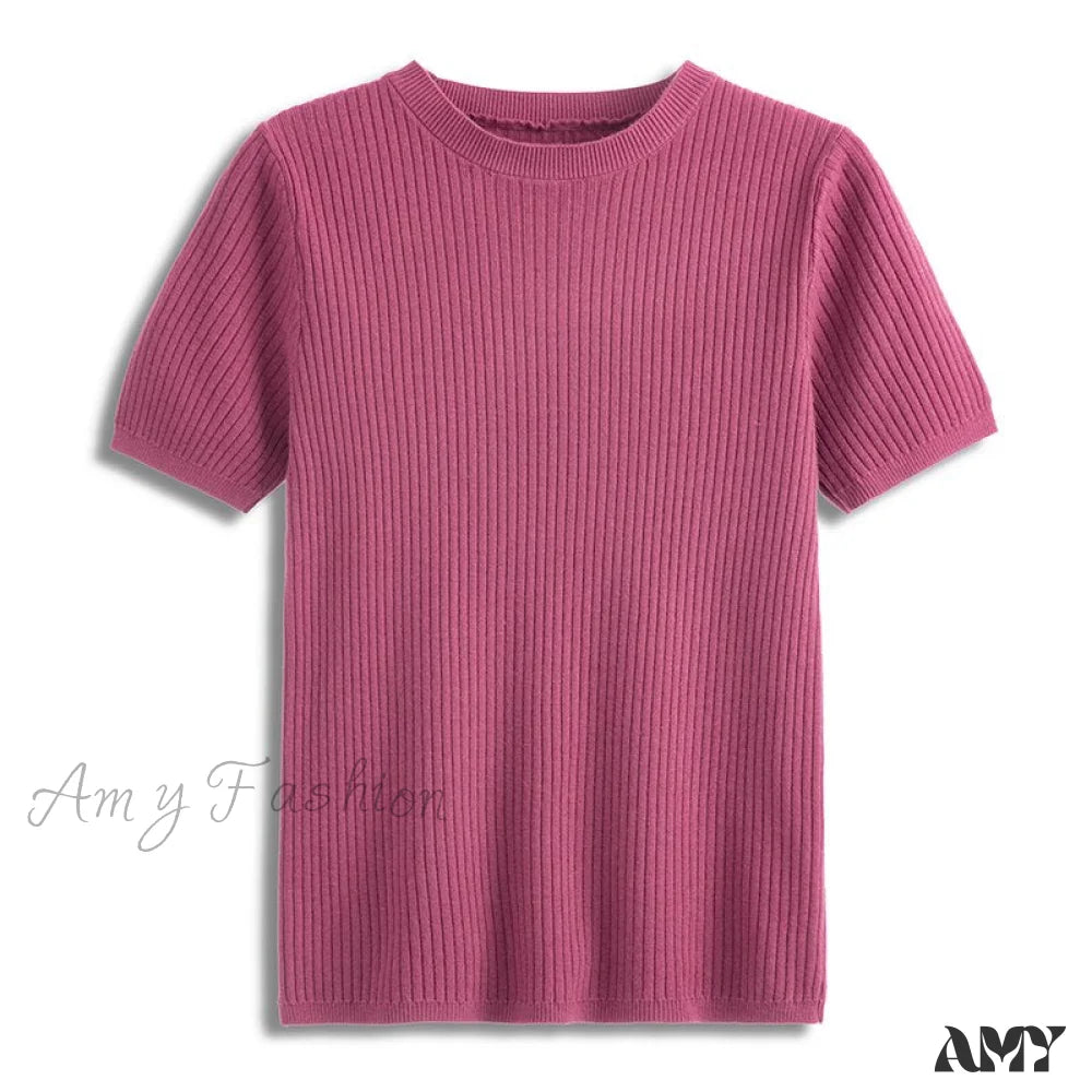 Amy Fashion - Knitted Short Sleeves Top Fuchsia / One Size