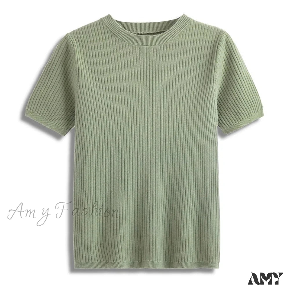 Amy Fashion - Knitted Short Sleeves Top Green / One Size