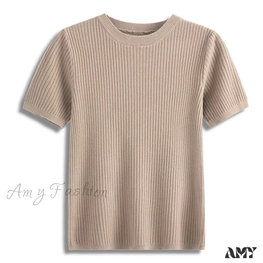 Amy Fashion - Knitted Short Sleeves Top Khaki / One Size